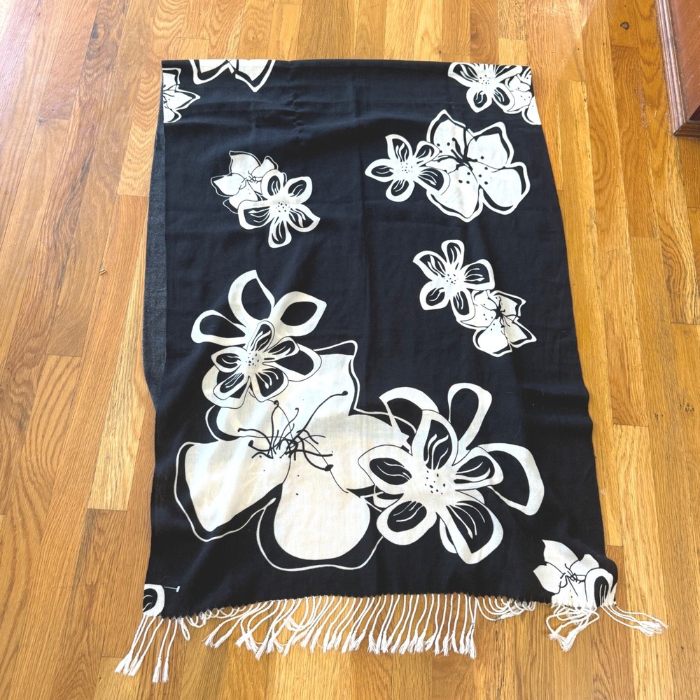 Black White Floral Pashmina Style Wrap Shawl Fringe Scarf Oversized Flower Print